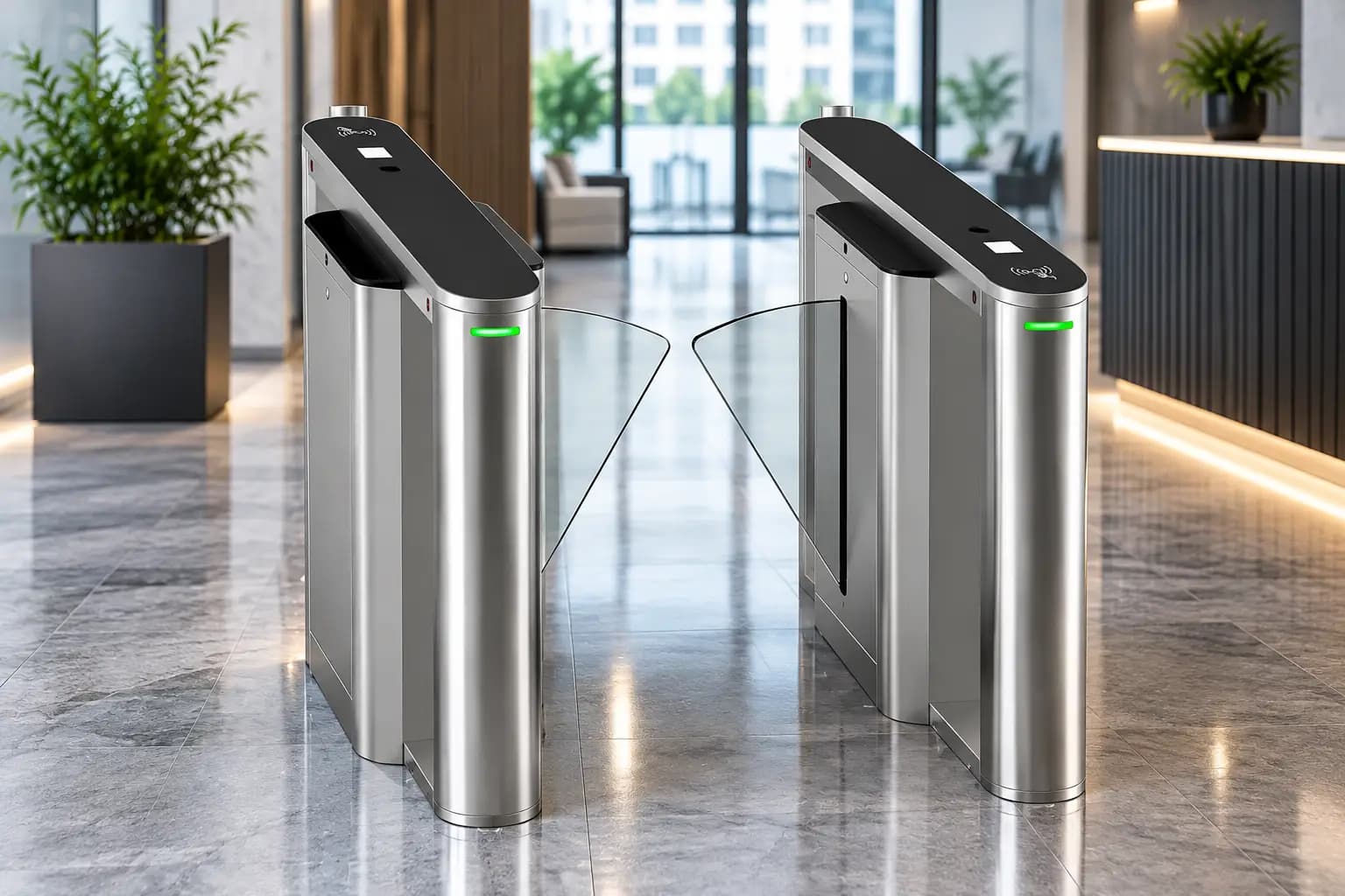 Glass flap barrier lanes with the flaps open in a building reception