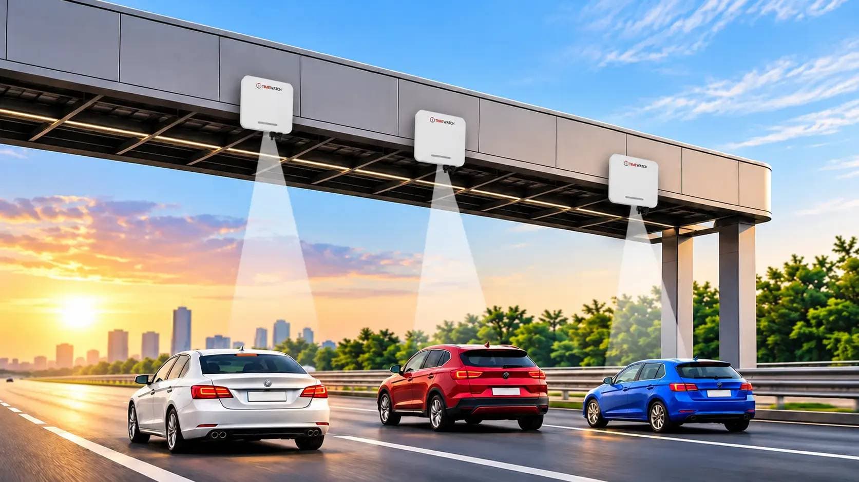 Overhead tolling gantry carrying readers and cameras above a multi-lane carriageway in the UAE