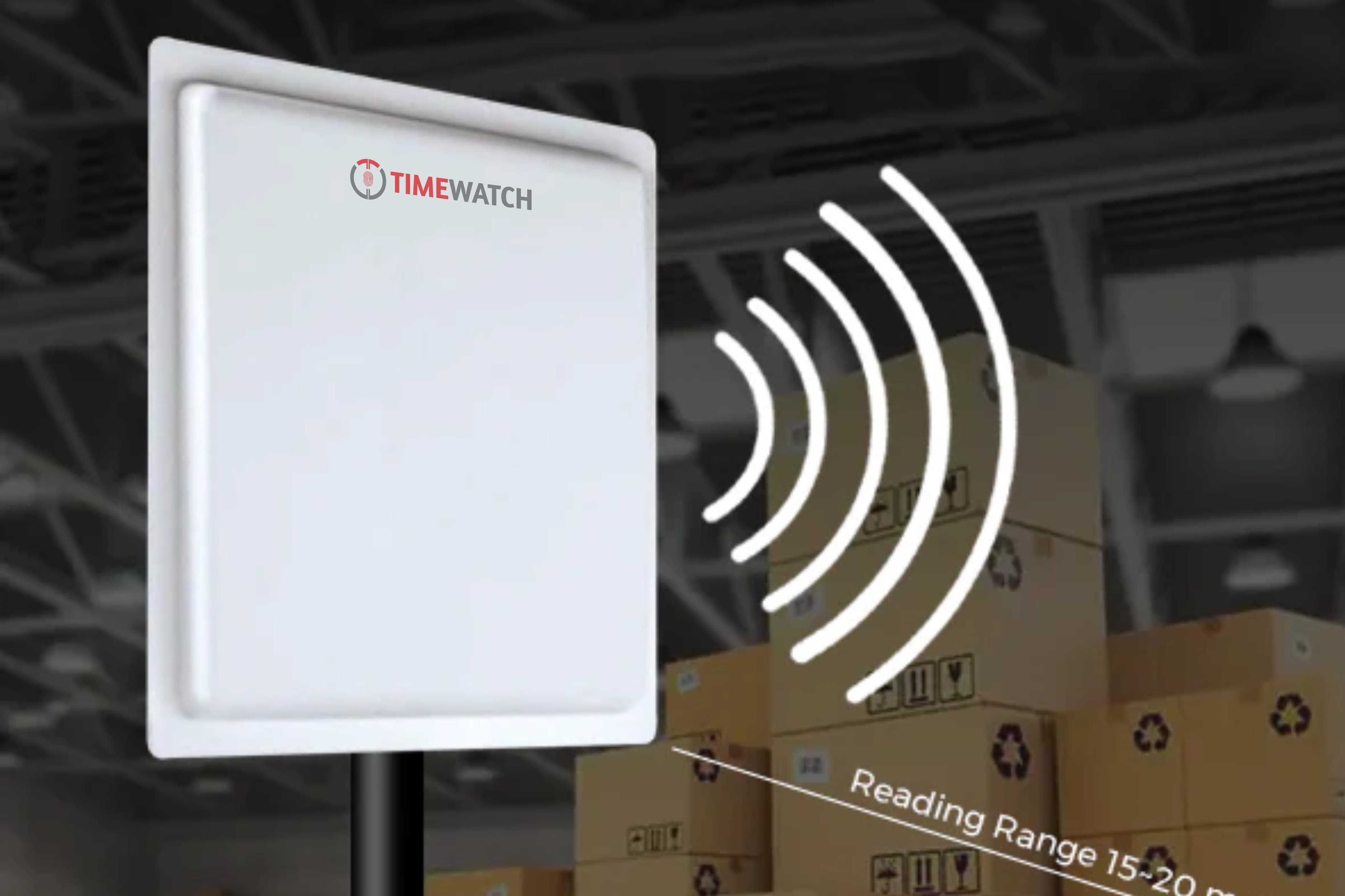 TimeWatch UHF RFID antenna radiating signal waves in a warehouse