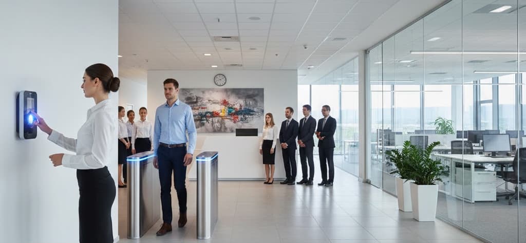 Employee marking attendance on a wall-mounted attendance terminal at an office entrance